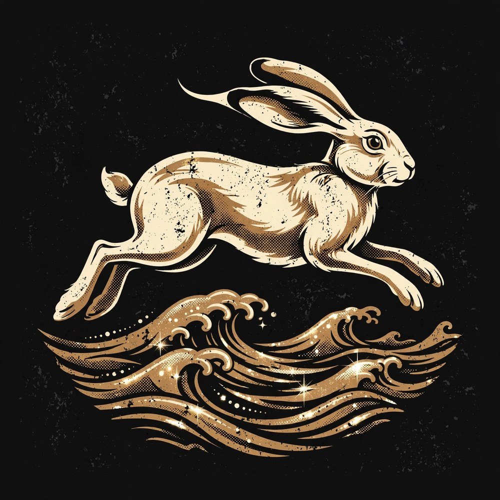 Design artwork: a leaping hare over shimmering bronze waves, in cream and bronze on black