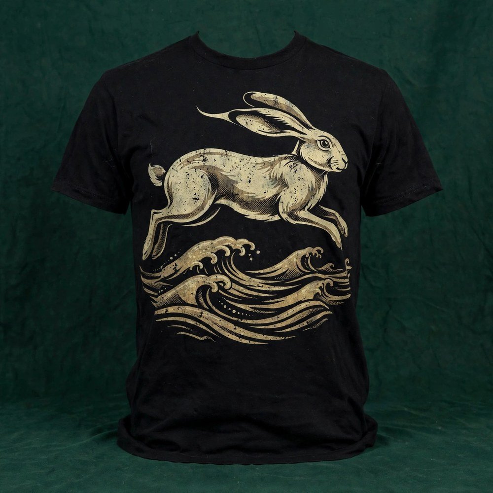 Black t-shirt printed with a leaping hare over shimmering bronze waves